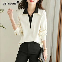 Women Korean Fashion Patchwork Half Zipper Shirts Office Lady Elegant Chic Commute Blouses Spring Lapel Long Sleeve Loose Tops