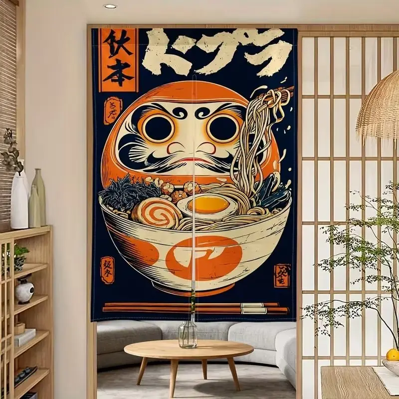 VIKAMA Dharma Ramen Japanese Half Curtain Retro Ukiyo e Japanese Ramen Printed Fabric Curtain Kitchen Restaurant Home Decor