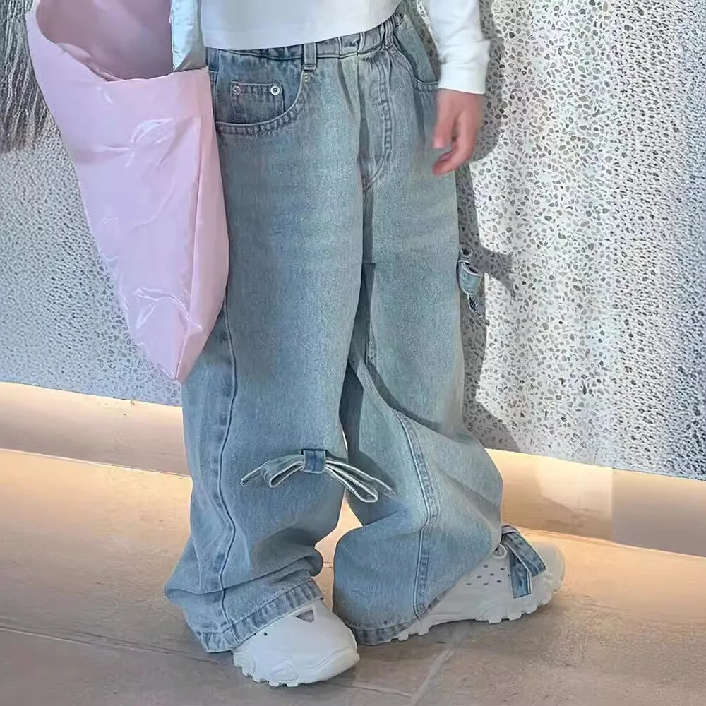 

Girl Jean Pant South Korea Children Girls Bow Cowboy Wide Leg Pants 2024 Spring New Girl Baby Style Pants Fashion Jean Pant