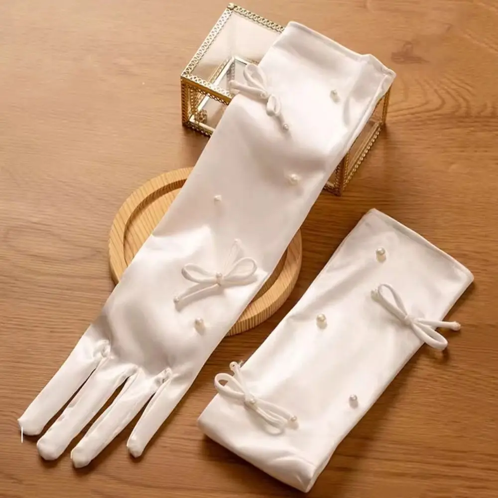 Fashion White Satin Long Gloves Vintage Sweet Wedding Bridal Gloves Elastic Lace Long Finger Mittens Lady