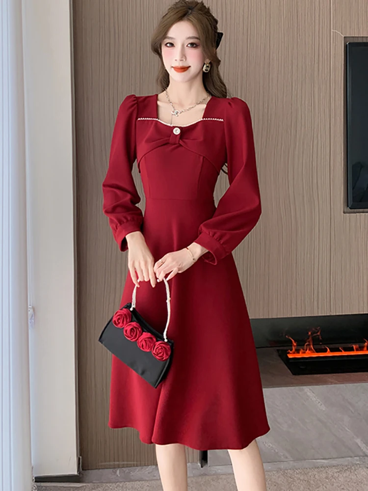 秋冬赤高級弓ビーズスクエアカラードレス女性韓国ヴィンテージパーティー Vestidos 2025 新ファッションエレガントなウエディングドレス