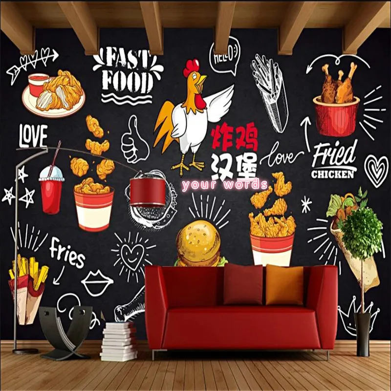 

Blackboard Hand-painted Fried Chicken Burger Fries Wall Paper Fast Food Restaurant Snack Bar Industrial Decor Mural Wallpaper 3D