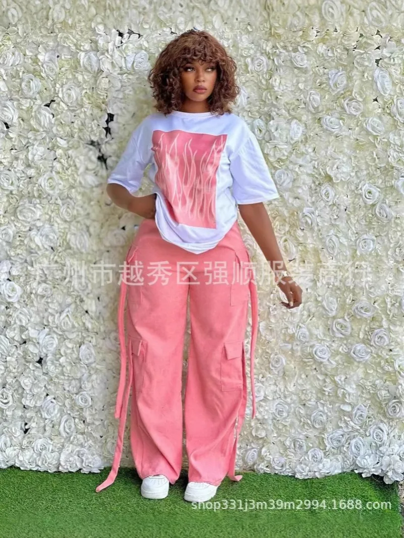 

Customized 2025 New Women's Stripe Printed 2 Piece Sets Tracksuit Women Casual Plus Size Office Lady Tops and Wide Leg Pants Set