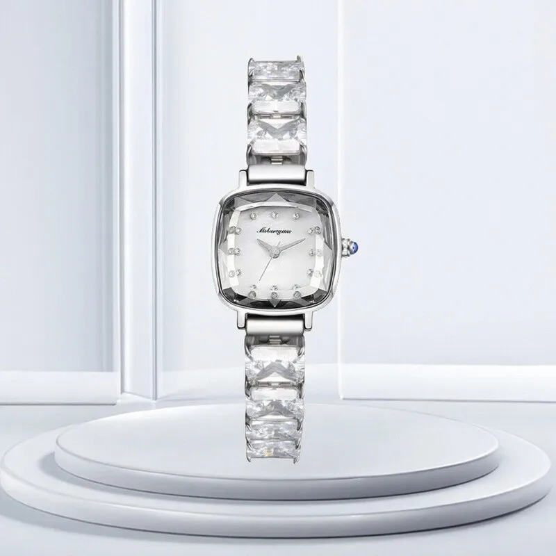 ساعة يد نسائية بسوار مكعب سكر صغير كريستالي شفاف بقرص صغير باللون الأرجواني ساعة نسائية فاخرة ذات جودة عالية