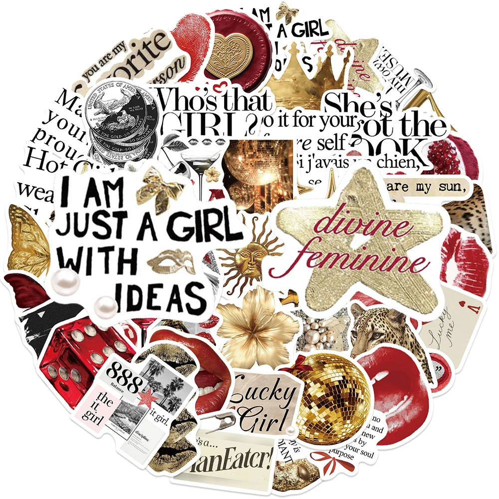 

10/30/50pcs Vintage Gold Red Art Aesthetic Stickers Cartoon Ins Style Girl Decals Suitcase Phone Scrapbook Graffiti Sticker Gift