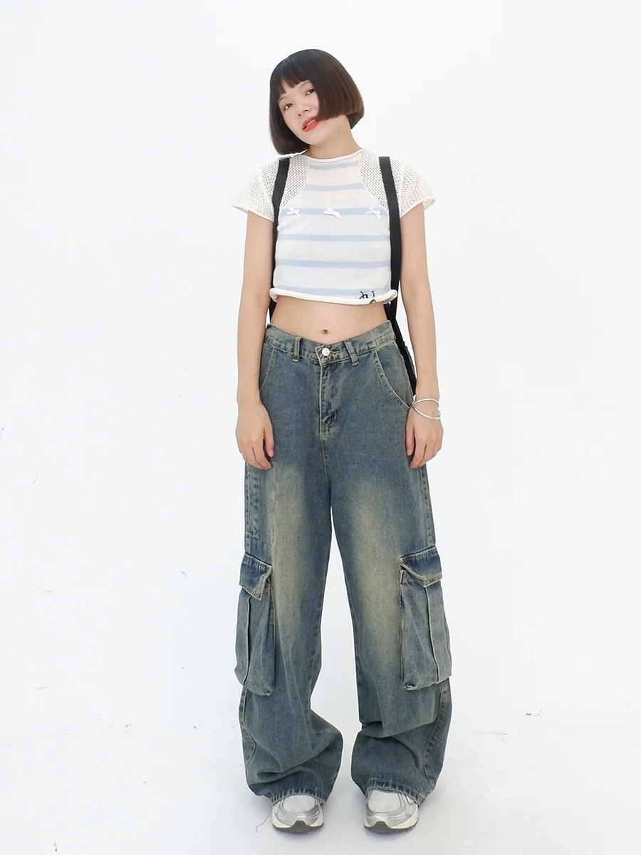 Big Pocket Tooling Jeans Women's 2024 Autumn New Loose Bf Street Retro Mopping