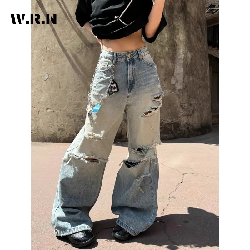 Harajuku Ripped ขากว้างหลวม Fit กางเกงยีนส์ Emo ถังขยะสีฟ้า Baggy กางเกงผู้หญิง Vintage Kpop Y2K ความเสียหายหลวม Mop Denim กางเกง