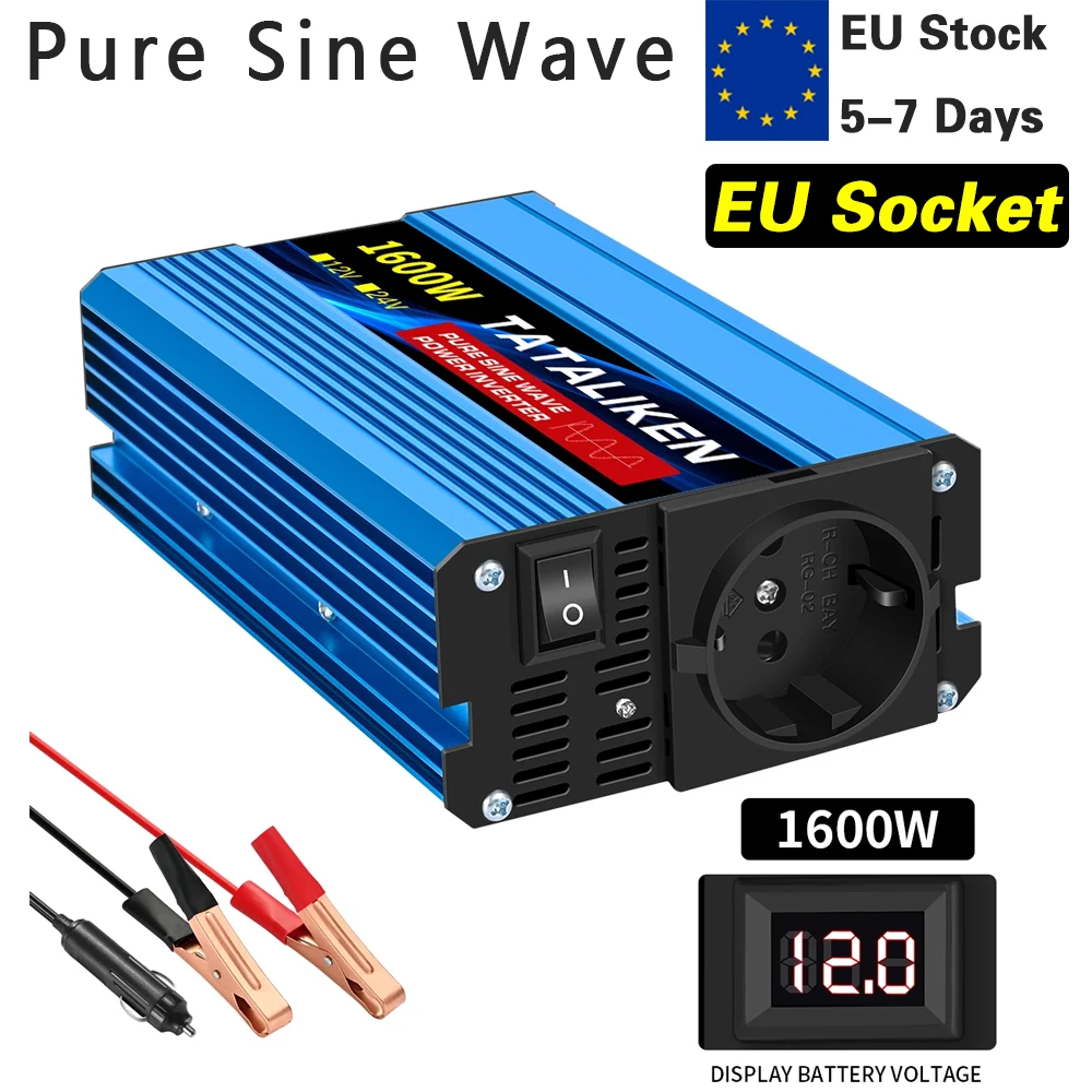 1600W Car Inverter DC12V To AC 220V Voltage 50HZ Power Solar Transformer Pure Sine WaveConverter With LED Display EU Socket