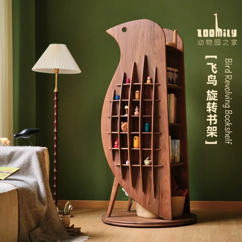 

Asuka Rotating Bookshelf Shelf 360 Black Walnut Teak Solid Wood Figure Storage Corner Display Cabinet