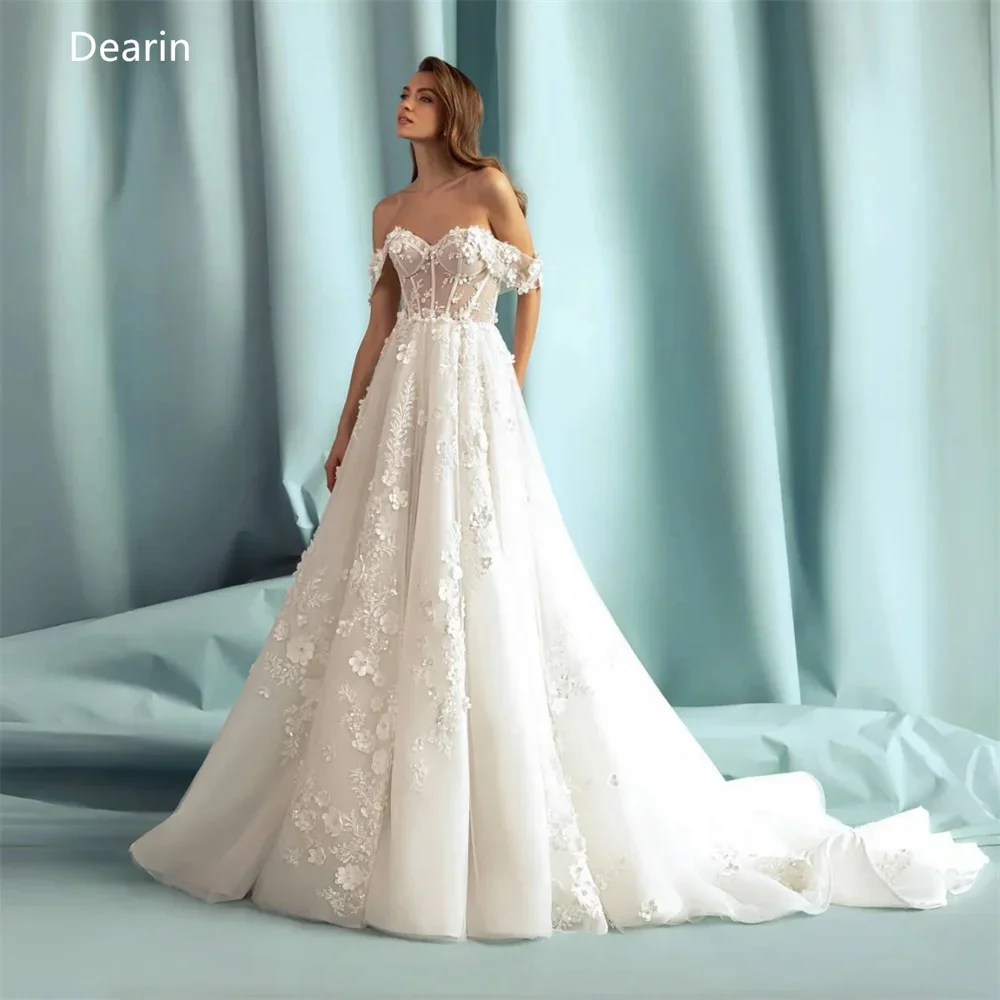 Customized Evening Dress Dearin Off-the-shoulder Ball Floor Length Skirts Draped Tulle Applique Flower Bespoke Wedding Dresses S