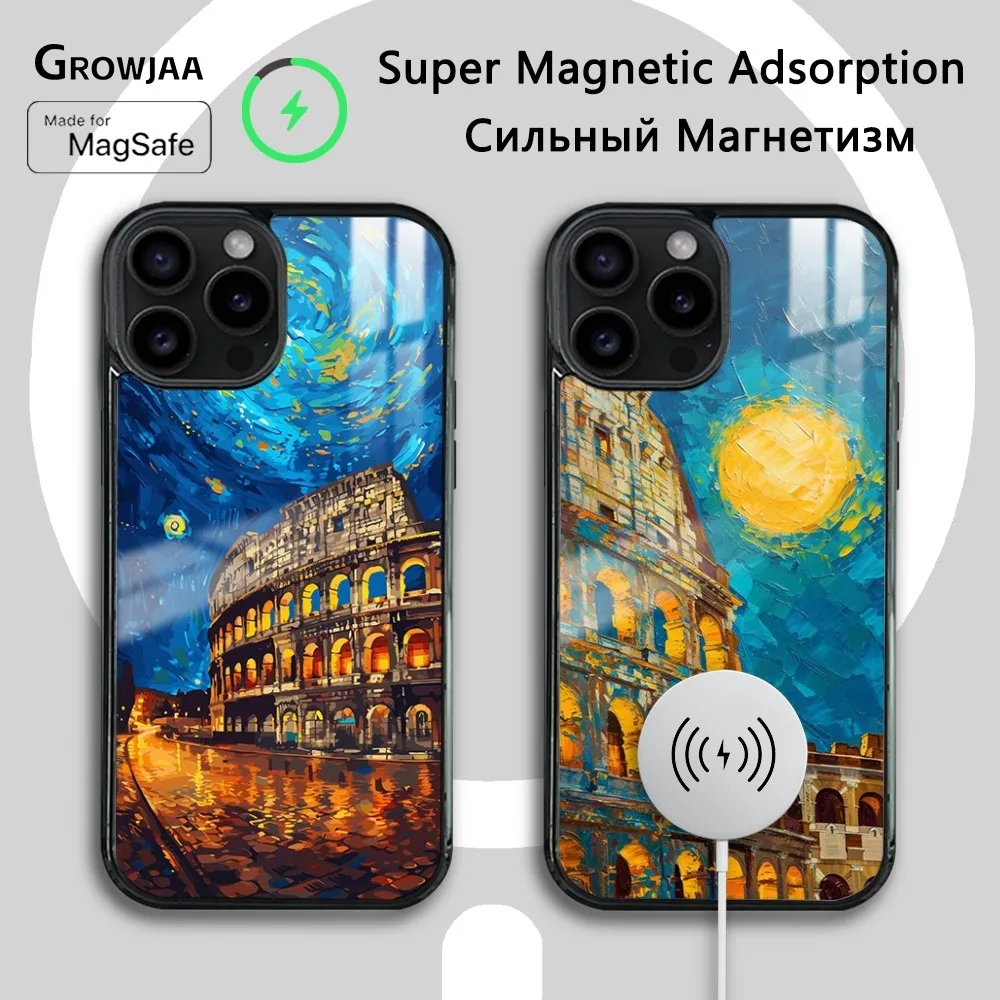 Oil Painting Colosseum Phone Case For iPhone 16 15 14 13 12 11 Pro Max Plus Mini Magsafe Mirror Wireless Magnetic Cover