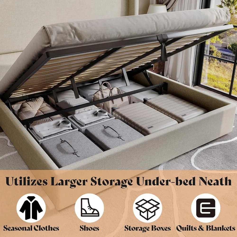 Lift Up Storage Bed King Size Linen Upholstered Platform Beds Frame, Wingback Headboard, No Box Spring Needed, King Bed Frame