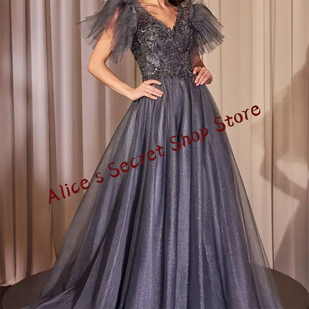 

Luxury V-Neck Appliquins Lace A-Line Formal Evening Dresses Birthday Party Prom Gowns Customized
