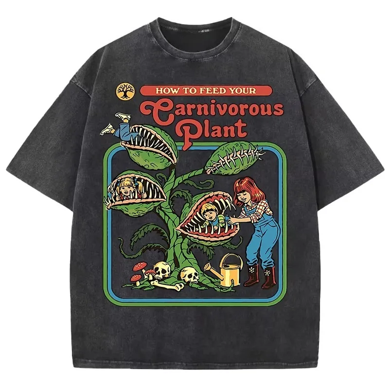 

Personalized carnivorous plant pattern retro washed cotton T-shirt men's casual soft autumn new item