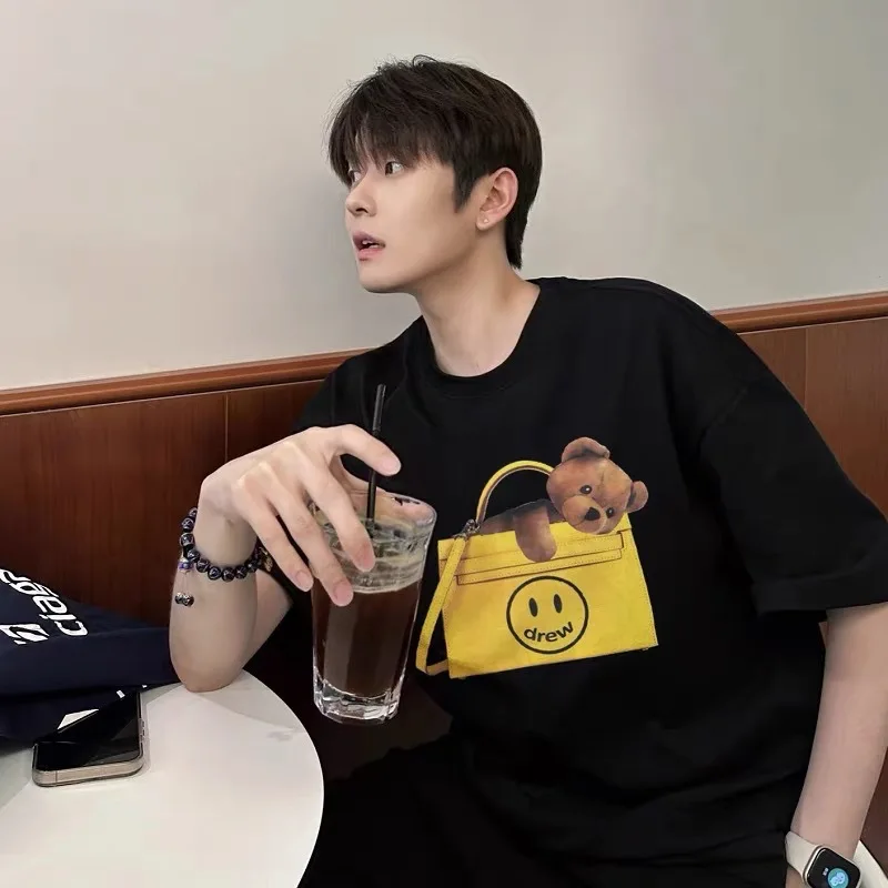 درو هاوس جودة عالية وجه مبتسم قصير الأكمام الصيف وصول جديد لطيف طباعة استرخاء صالح نمط Preppy تي شيرت الموضة