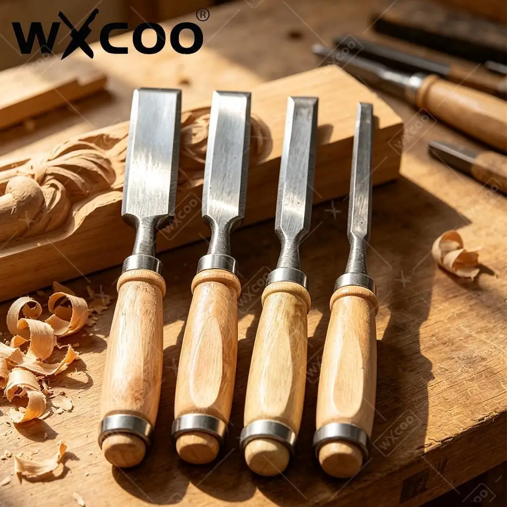 6/12/18/24mm Professional Woodworking Chisels Set with Comfortable Solid Wood Handles Hand Grooving Chisel Wood Carving Chisels