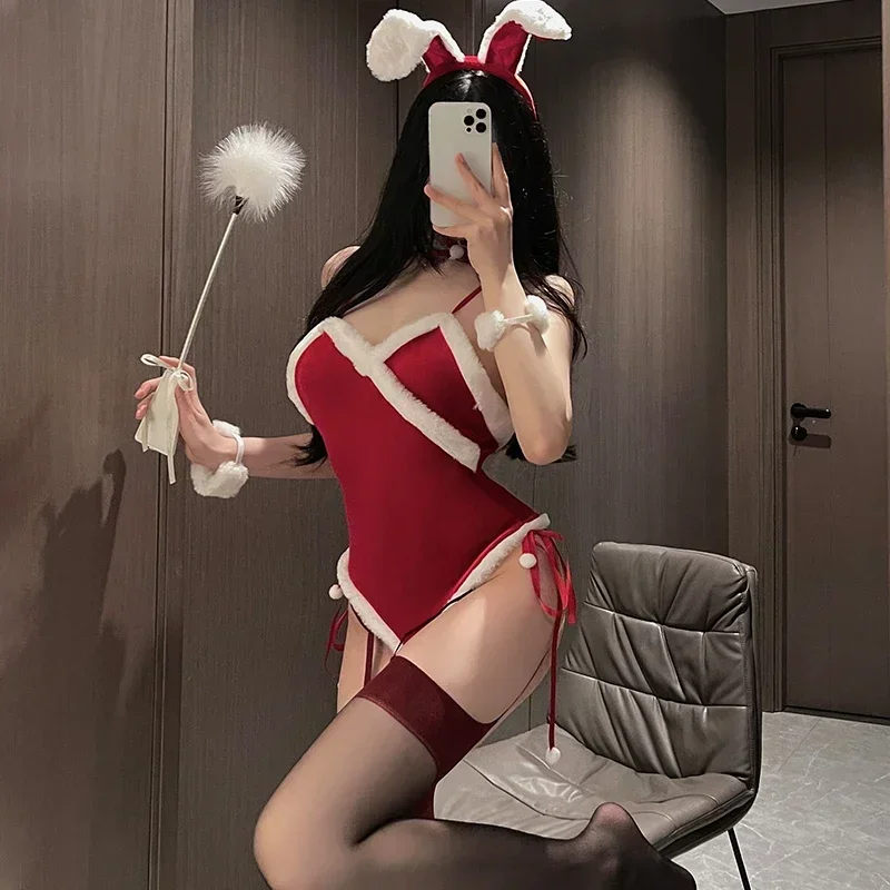 Cute Bunny Girl Jumpsuit Sexy Lingerie for Adults Woman Maid Uniform Set Velvet Christmas Party Cosplay Costumes Clubwear Hot