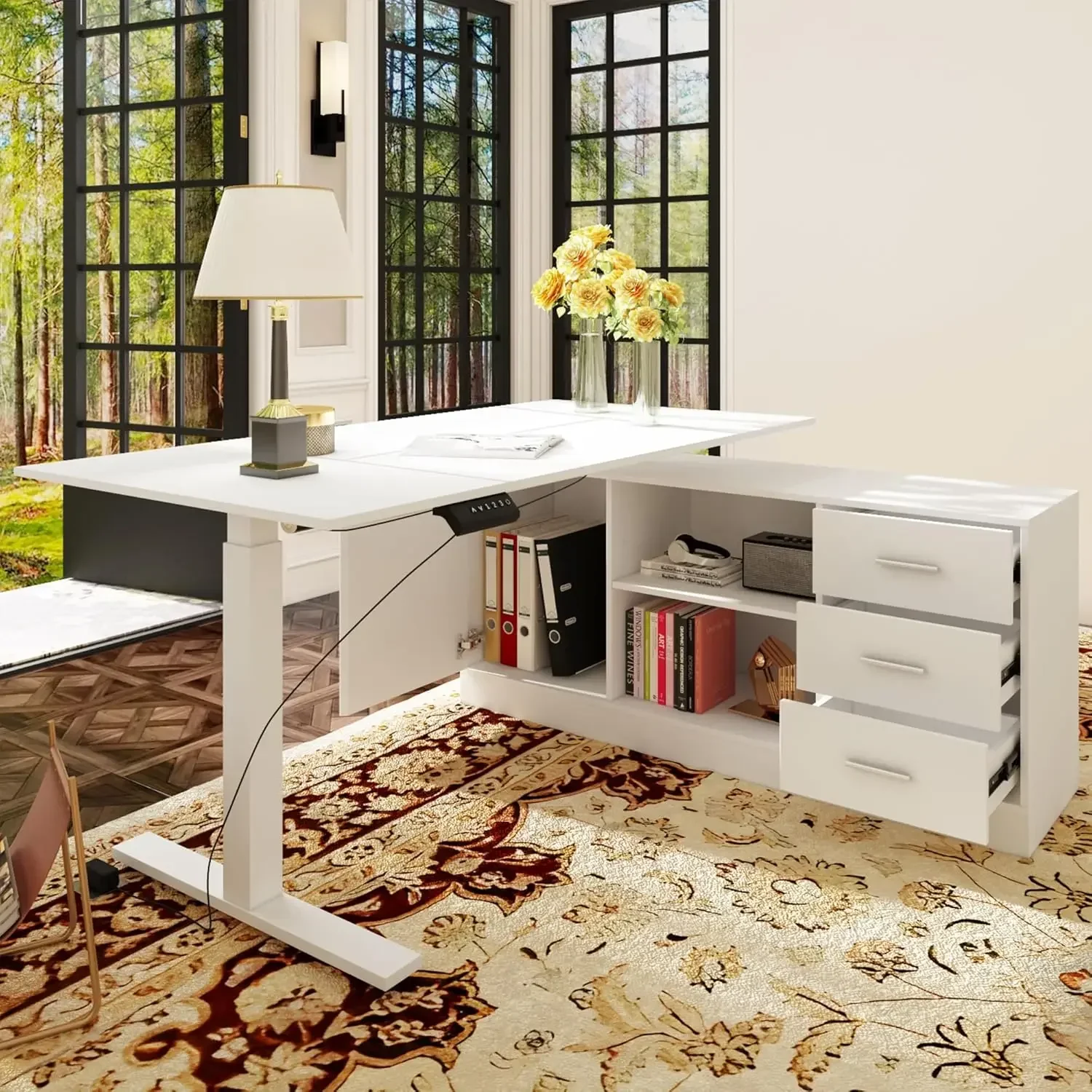 Home Office L Shaped Electric Standing Desk with Drawers and Shelves, Height Adjustable & Shape Reversible Stand up Desk