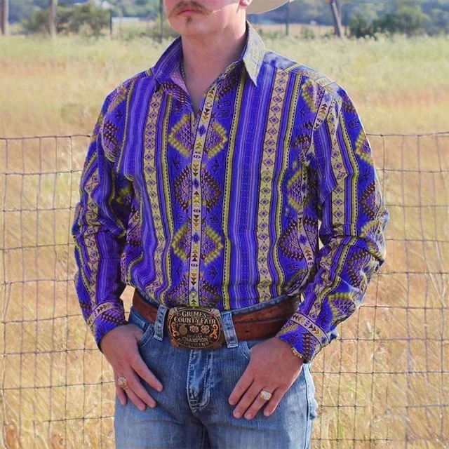

Men's Retro Denim Western Farm 3D Printed Shirt Long Sleeve Lapel Ethnic Pattern Dark Casual Shirt Outdoor Vacation Fashion Top