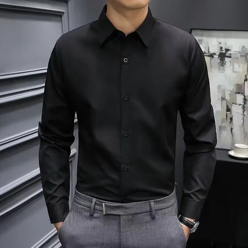 Top anti-rugas slim fit masculino, camisa formal de negócios, preta e cinza, terno high-end Polegada, P-40, manga comprida