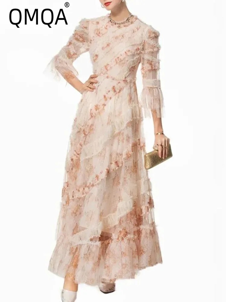 

QMQA Fashion Women's Hit Color Printed Dresses Splicing Ruffle O-neck Long Sleeve High Waist Evening Dress New Clothing 1A197