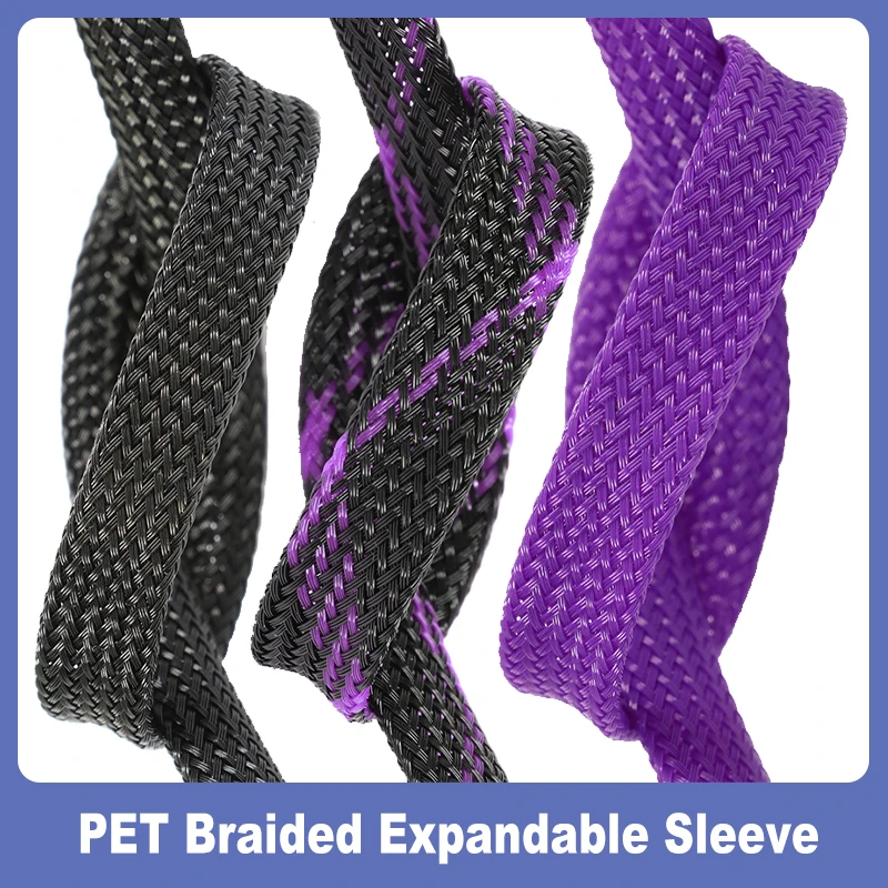 1 - 50m Black-Purple Cable Sleeve 2mm - 40mm Flexible PET Braided High Density Expandable Insulated Wire Protection Wrap Sheath