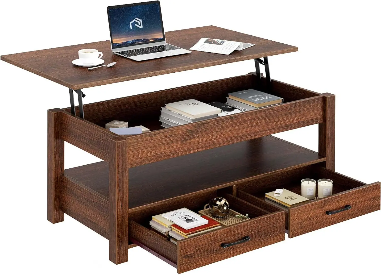 Mesa de centro, mesa de centro elevable con cajones y compartimento oculto, mesa central retro con mesa elevadora de madera