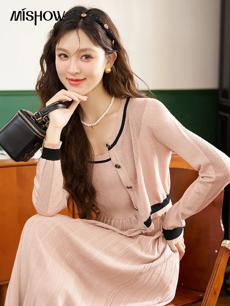 MISHOW Wool Blended Knitted Set Separately 2024 Autumn Hollow Cardigan Top Slim French Pleated Elegant Dresses Sets MXC43T0142