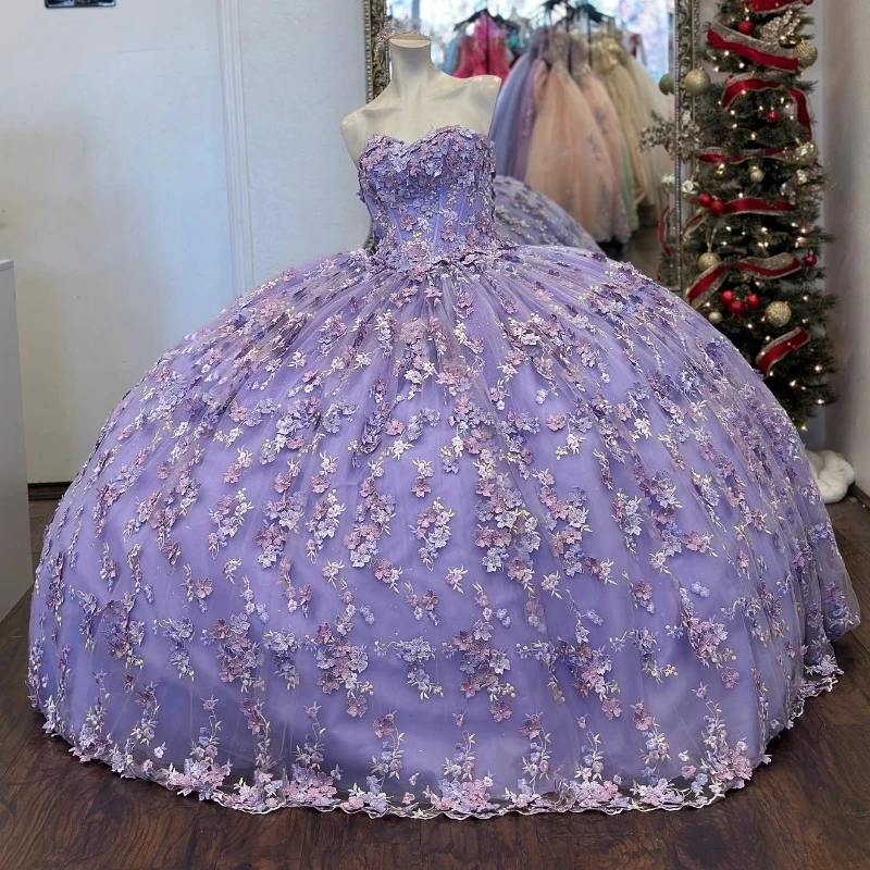 

Lavender Quinceanera Dresses Sweetheart 3D Flowers Appliques Beads Tull Lace-up Corset Ruffles prom Vestidos 15 De XV Anos