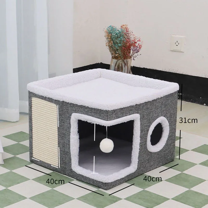 Two-Story Cat House with Plush Ball, Scratching Pad