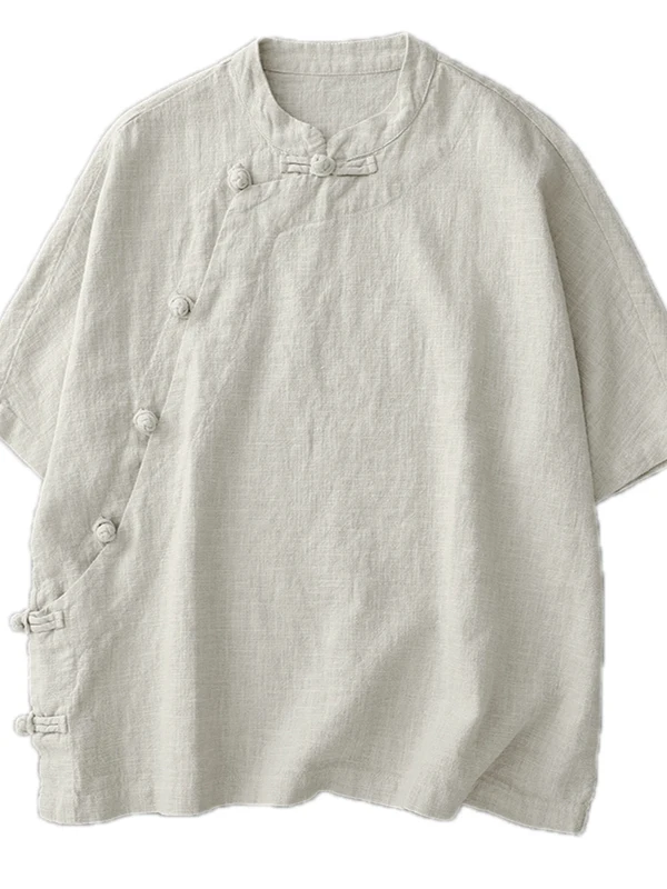 Loose Fit Cotton Linen Short Sleeve Shirt Women's plus Size Traditional Chinese Style Top Korean Japanese Tagless Tea Clothes - view 5