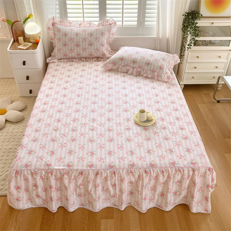 

100% Cotton 1pc Bed Skirt Bedspread Floral Style Bed Cover Skin-friendly Bed Linen for Home 침대스커트 Queen King Size No Pillowcase