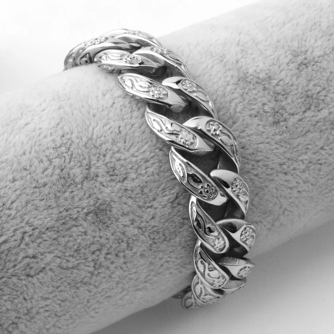 Fashion Mens Boy\'s Bangles 15mm Solid Silver color 316L Stainless Steel Cast Flower Design Cuban Link Chain Bracelets 9\