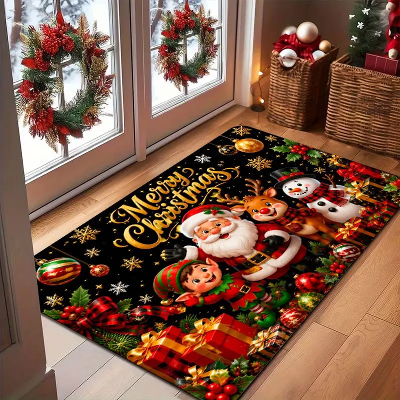 Shiny Christmas Tree Doormat Golden Reindeer Welcome Rug Sparkle Star Entrance Carpet Apartment Lounge Cafe Store Floor Mat