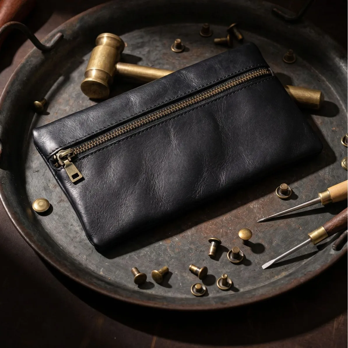 Genuine Leather Zipper Pouch, Multifunctional Small Clutch Wallet for Coins/Pen /Cards /Cables, Change Pouch for Men