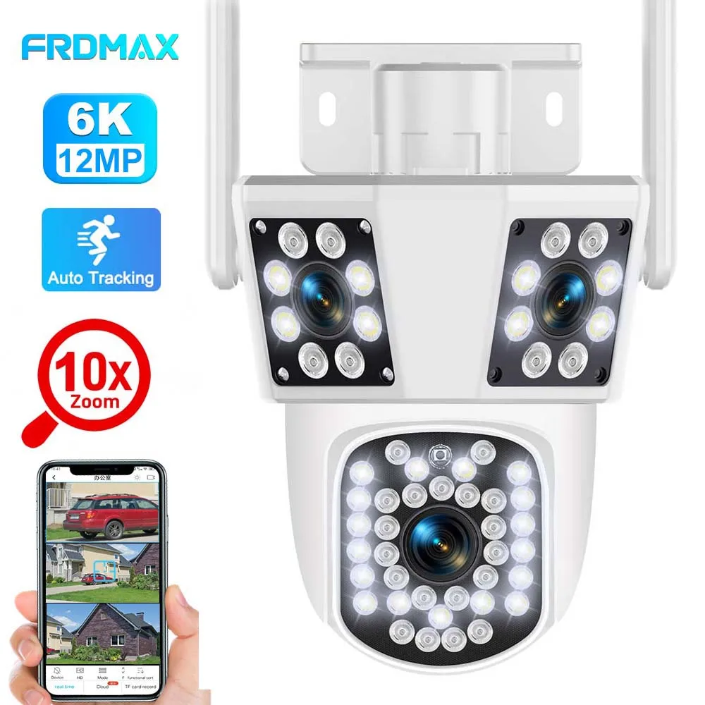 Security Camera Outdoor 10X Zoom WIFI 6K 12MP Three Screens Auto Tracking PTZ Monitor Home  Protection CCTV Video Surveillance