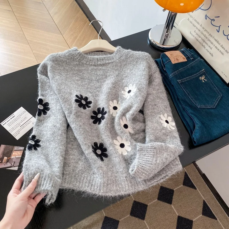 

Женский трикотаж с круглым вырезом, мягкая вышивка с цветочным принтом, осень-зима, новый дизайн, свитер в стиле ретро, удобные облегающие пуловеры F249