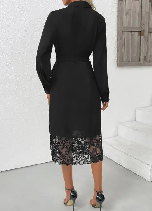 

Fashion Women's Dress 2025 Autumn New Elegant Sexy Unique Hot Selling Lace Splicing Shirt Mid Length Skirt Dress for Women