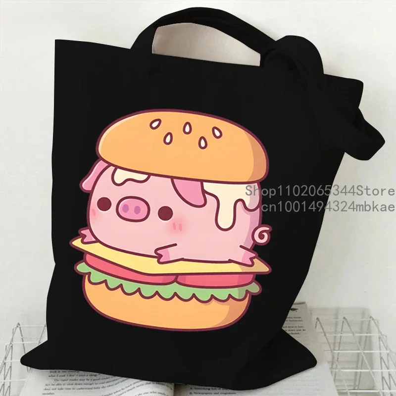 Burger Pig Pattern Cartoon Canvas Tote Bag Women Men Reusable Shopper Bag Cute Hamburger Animal Fashion Teen Shoulder Handbags