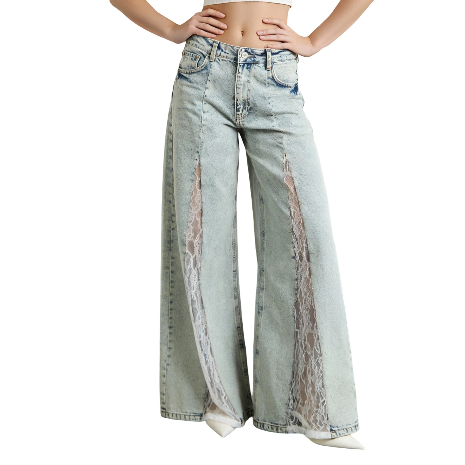 

Женские широкие джинсы в стиле пэчворк, кружевные свободные джинсовые брюки со средней посадкой, повседневные длинные брюки для повседневного офиса