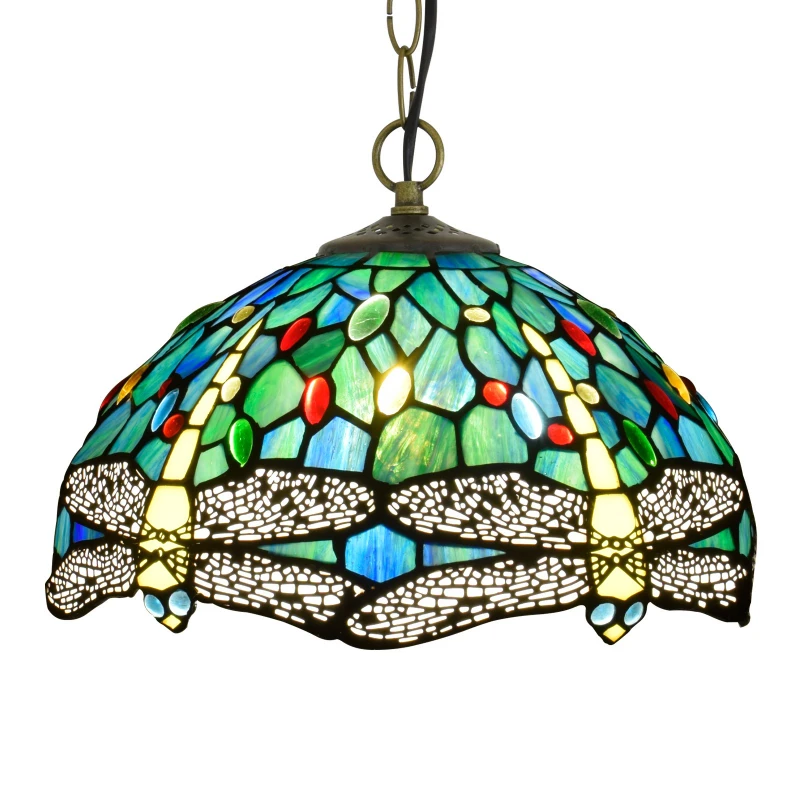 

Stained glass American pastoral dragonfly chandelier, retro bedroom restaurant bar green personality light