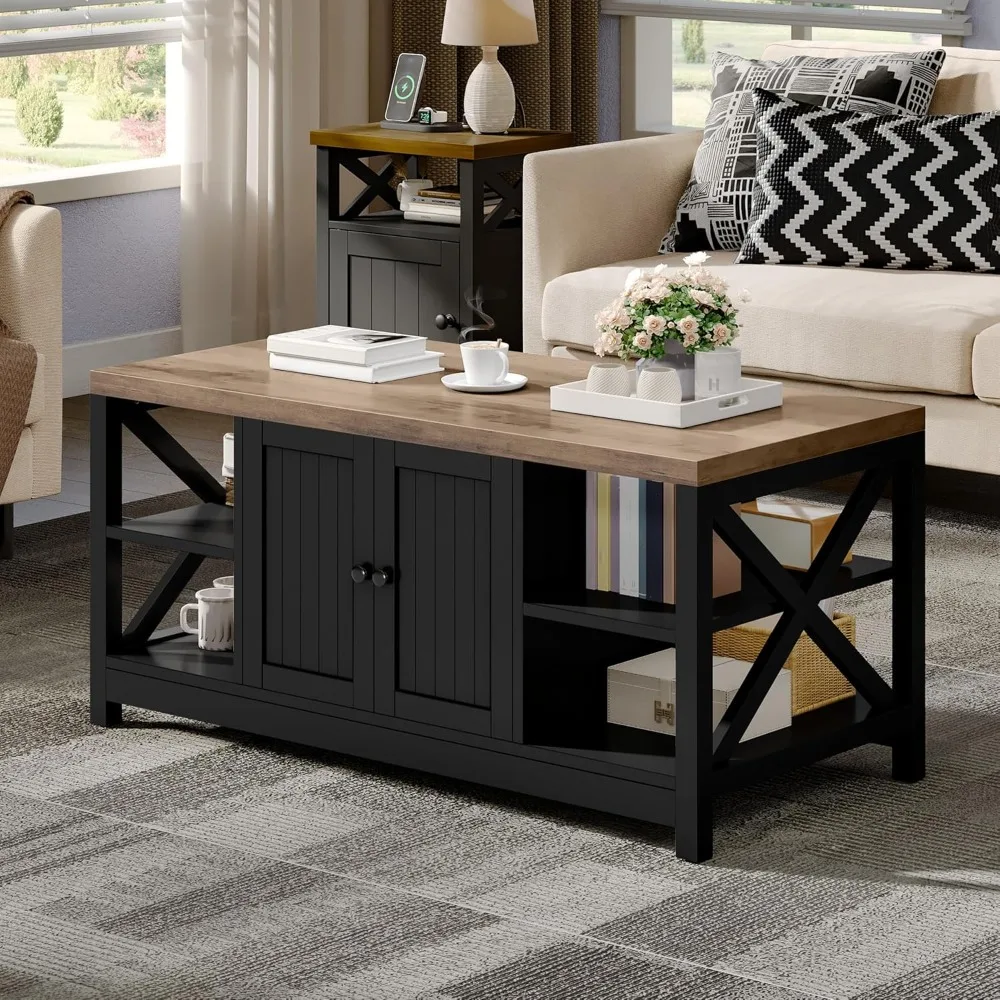 

Black Coffee Table with Cabinet Doors, 2 Tiers Modern Coffee Tables for Living Room with Book Shelves, Rectangle Durabl