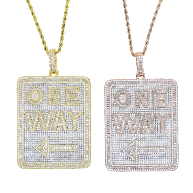 Hip Hop Geometric Rectangle Letter One Way Pendant Necklace Full Paved Cubic Zirconia Iced Out Bling 5A Cz Men Boy Jewelry