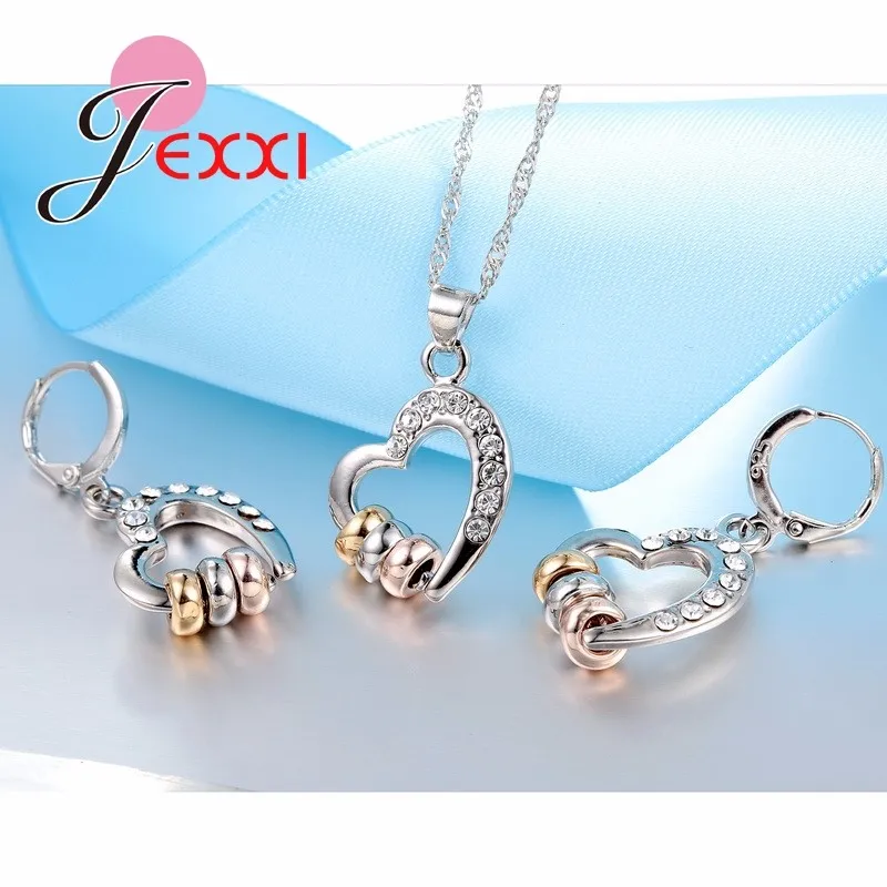 Luxury  Necklace Earrings Jewelry Sets Clear CZ Crystal Rhinestone Heart Shape Womens Jewelry Sets Wholesale