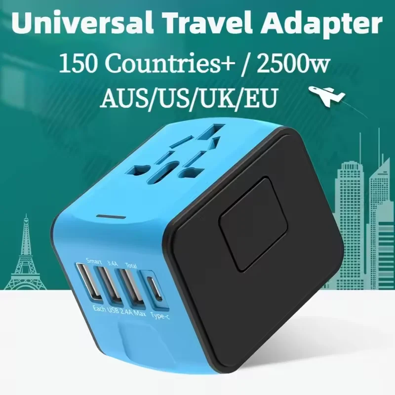 GaN 20W International Power Adapter 3 USB and 1 Type C Fast Charging Travel Charger 100V-250V AC Travel Adapter for EU UK USA AU