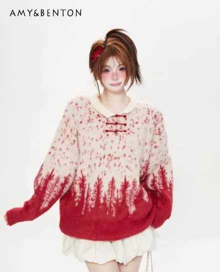 

Осень-зима 2025 г., новый красный вязаный свитер в китайском стиле с воротником-стойкой и пуговицами, женский свободный повседневный свитер кофейного цвета