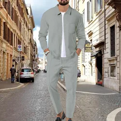 2024 new European and American cross-border men's fashion casual Waffle long-sleeved shirt and pants suit