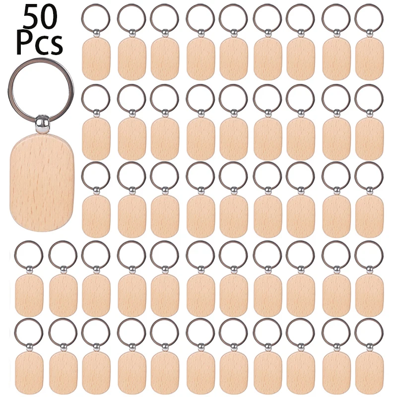 

50Pcs Blank Wood Keychian to Paint Blank Wood Keychains for Crafts Rectangle Wooden Key Tags Blank Keychains Key Rings