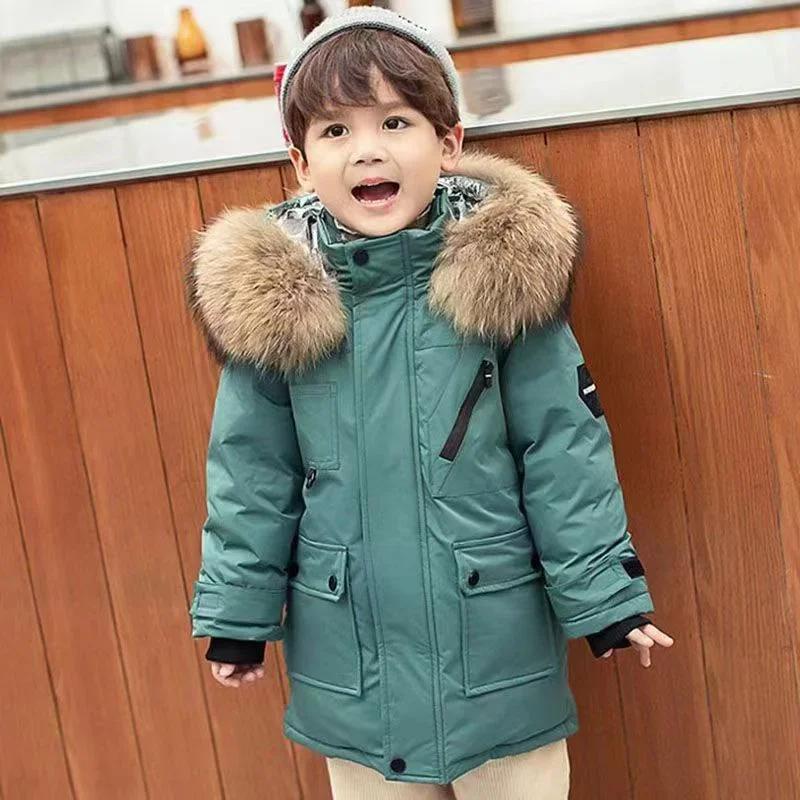 ZOETOPKID Verdickte Daunenjacken für Jungen, Wintermantel mit großem Fellkragen, Baumwolljacke mit Kapuze für Kinder, gepolsterte Oberbekleidung für Teenager – Detail 3
