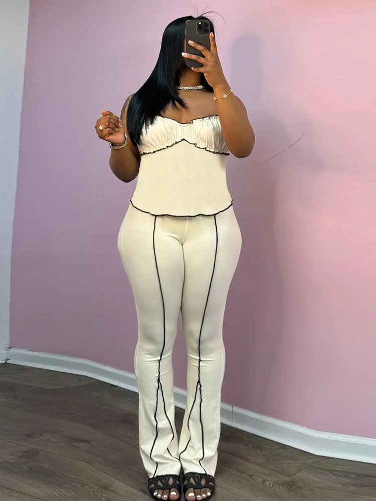 

Insglas Stretch Casual Patchwork Stripe Women 2Piece Set Casual Ruched Edging Camisole+Flare Pant Matching Street Simple Outfits